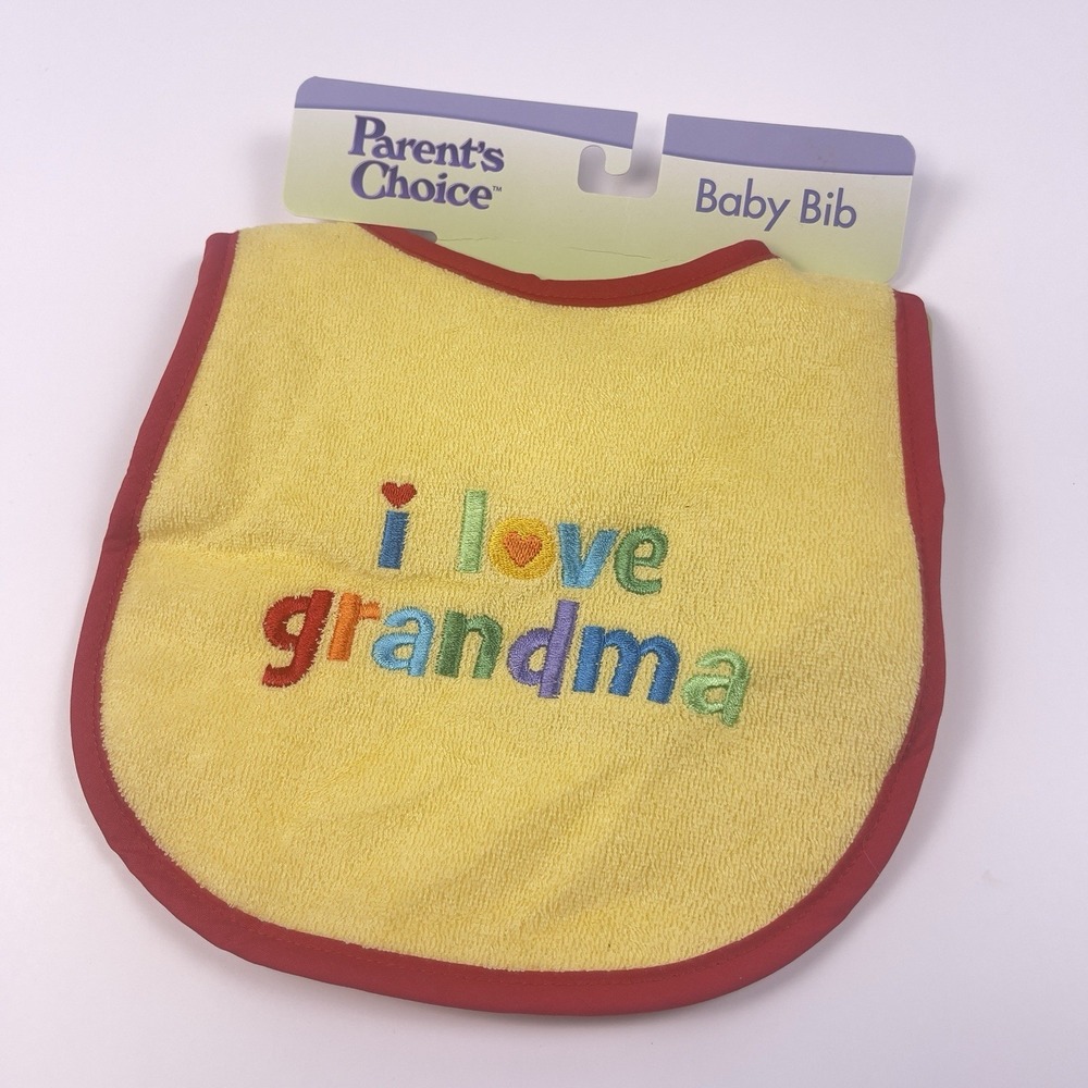 Vintage 2009 Parent's Choice Embroidered Baby Bib Yellow "I Love Grandma" NWT